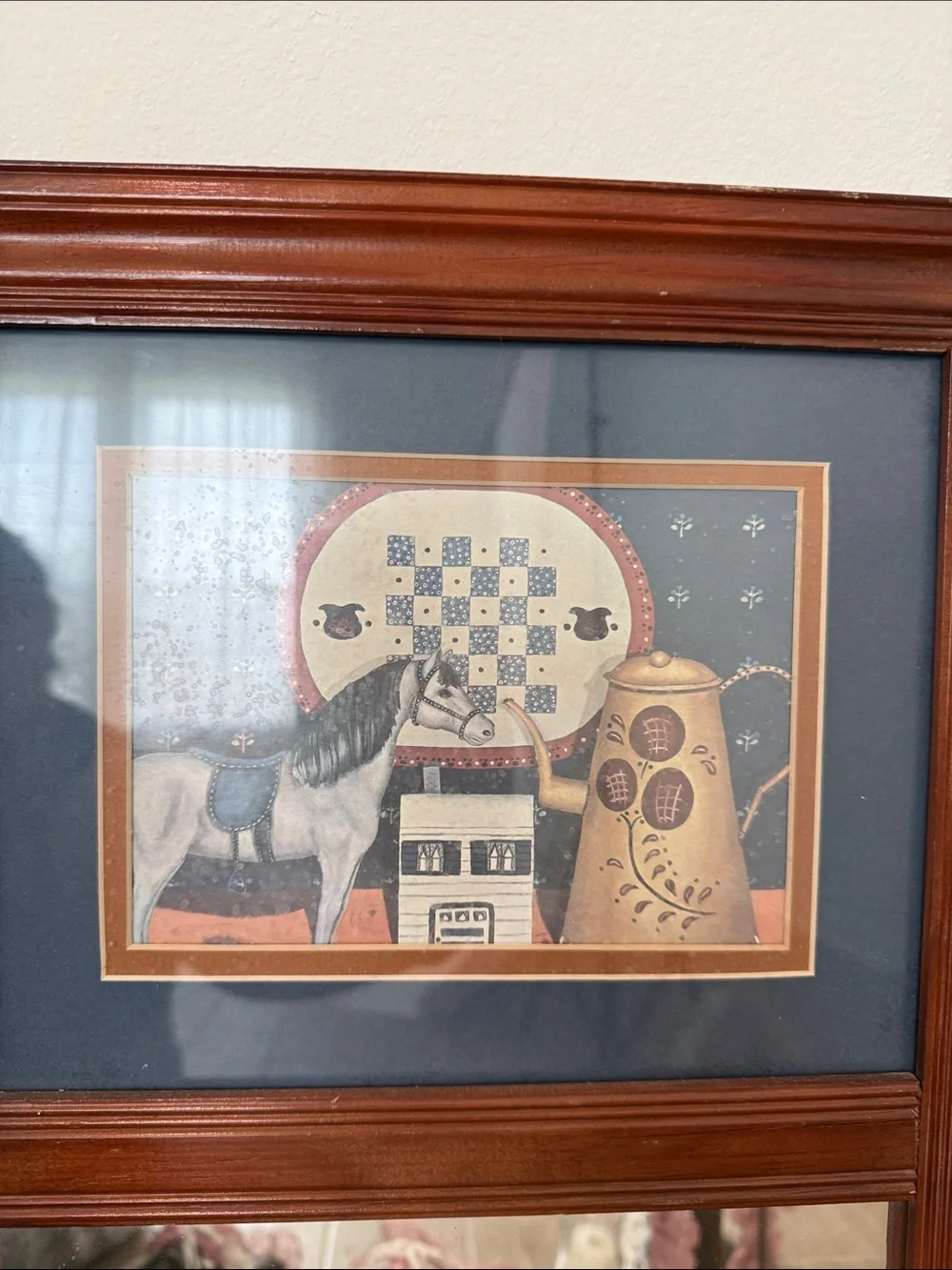 Wood Frame Wall Mirror with Decorative Art - Brown